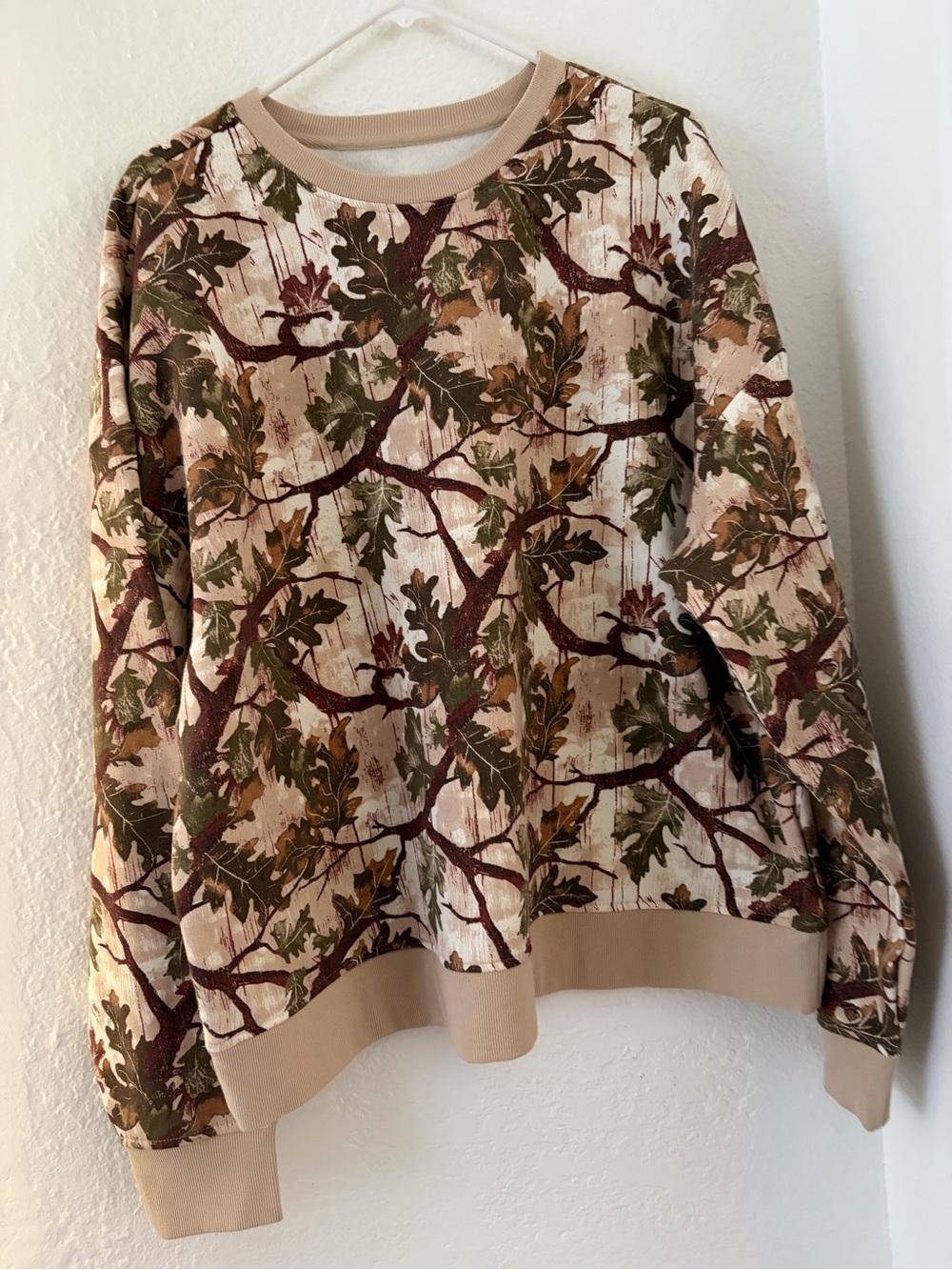 Beige & Olive Leaf Print Crewneck Sweater